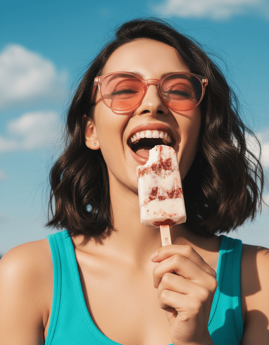 Woman joyfully enjoying a LA PALETA paleta on a sunny day